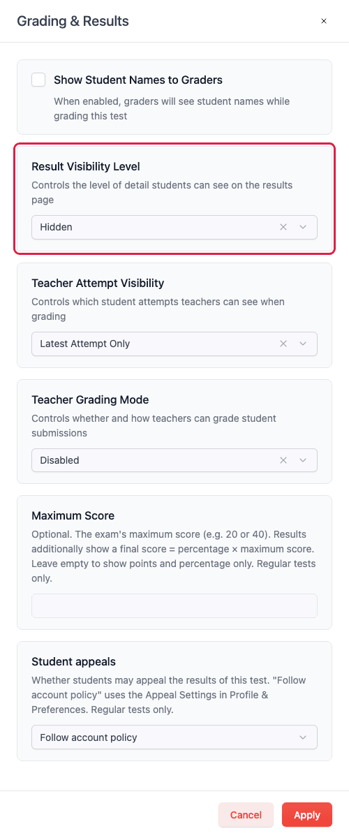 The Grading & Results drawer: Show Student Names to Graders off, Latest Attempt Only, Teacher Grading Mode Disabled