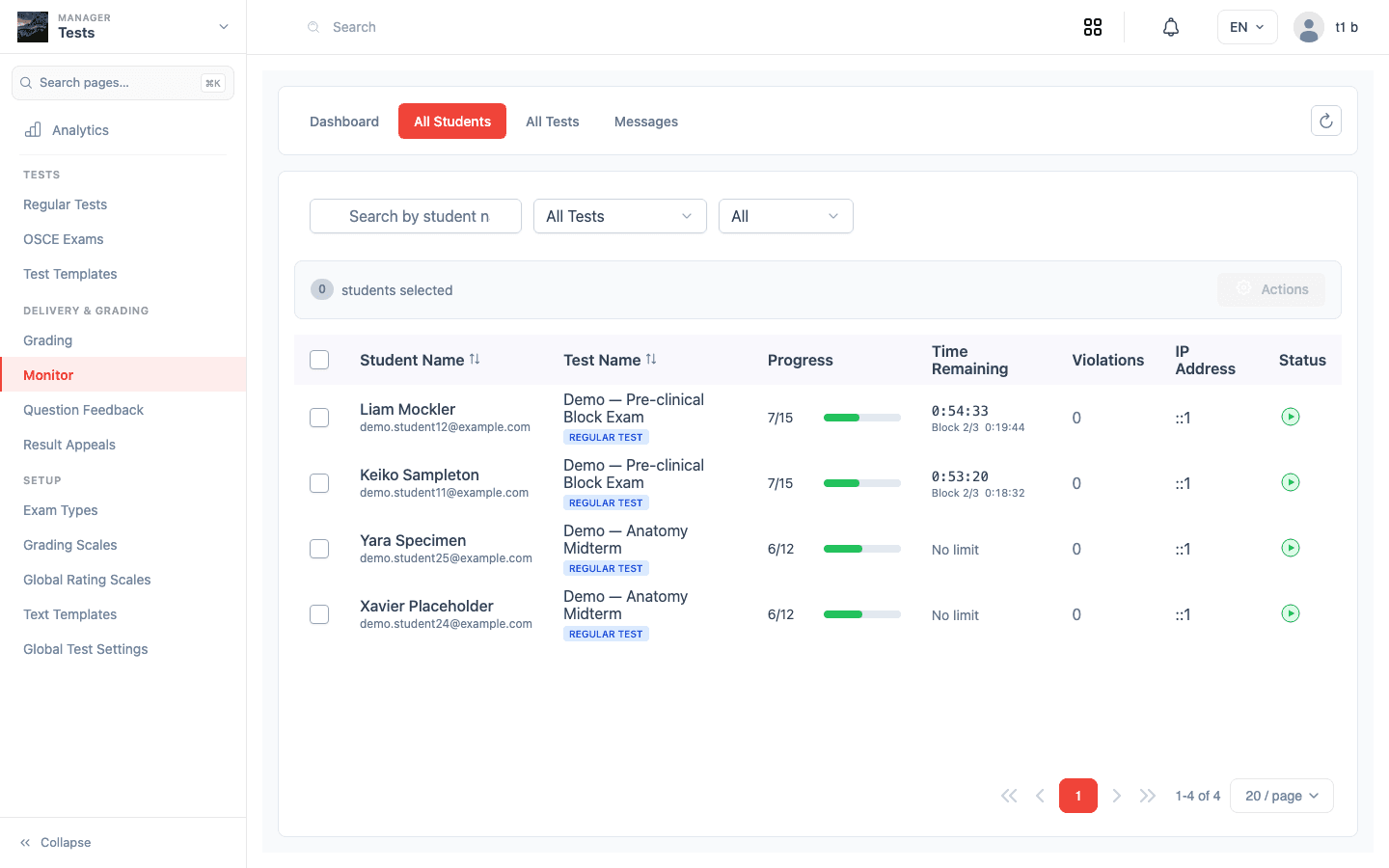 The Monitor workspace on the All Students tab, with progress and time remaining for each candidate